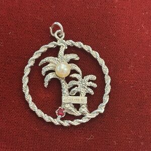 Sterling Silver Palm Tree Pendant with Pearl and Red Gemstone